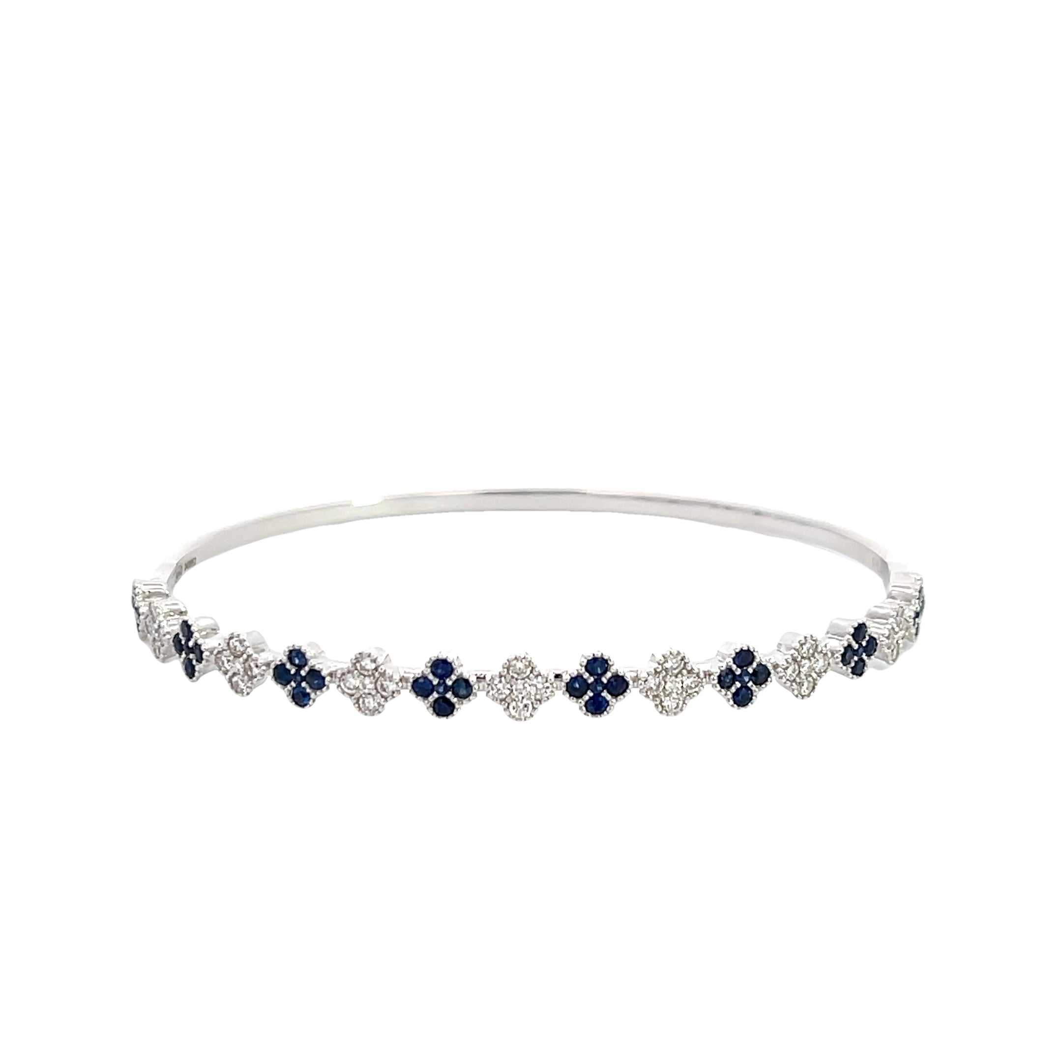14K White Gold Diamond and Sapphire Clover Cluster Bangle Bracelet
