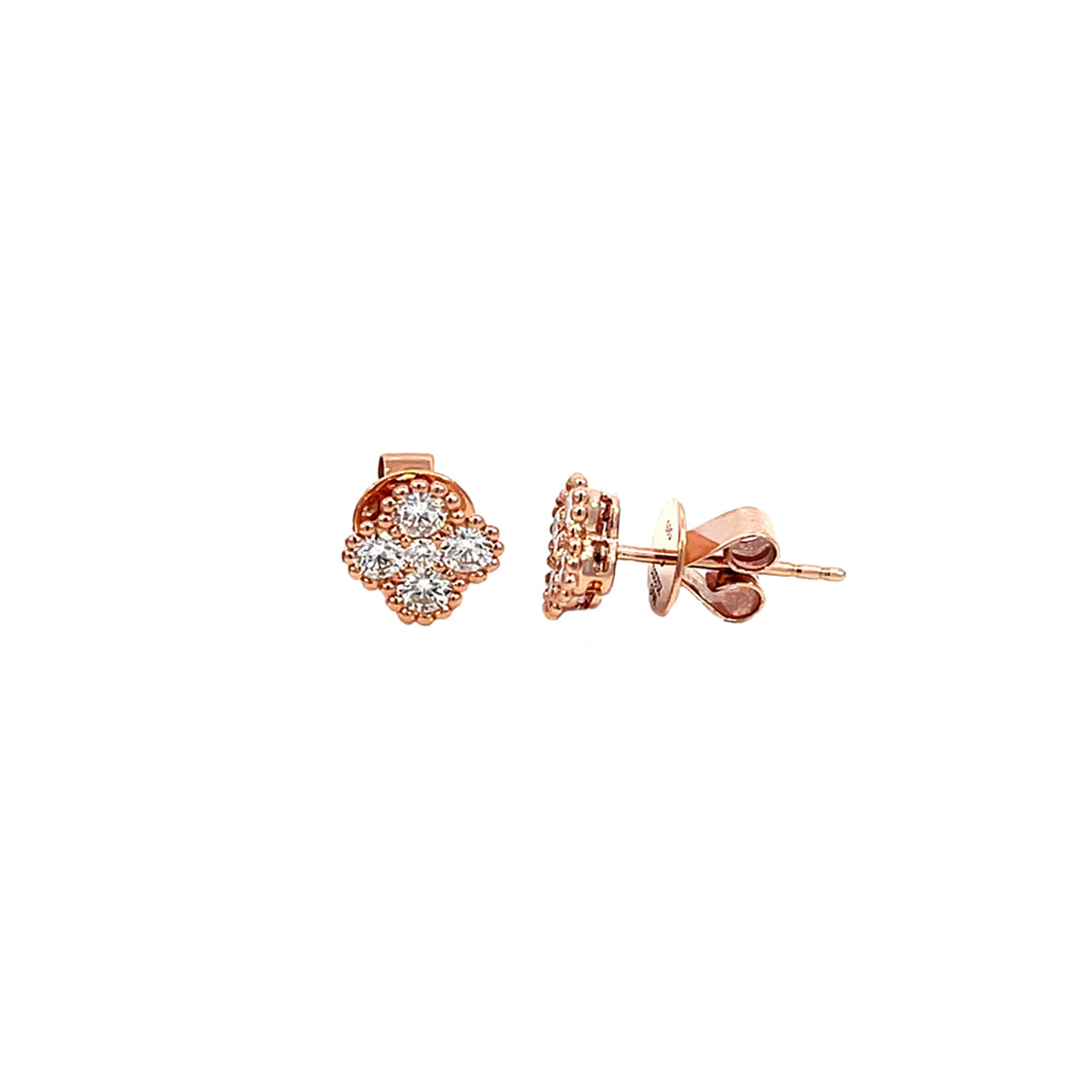 14K Rose Gold Diamond Clover Cluster Stud Earrings with Milgrain Detailing