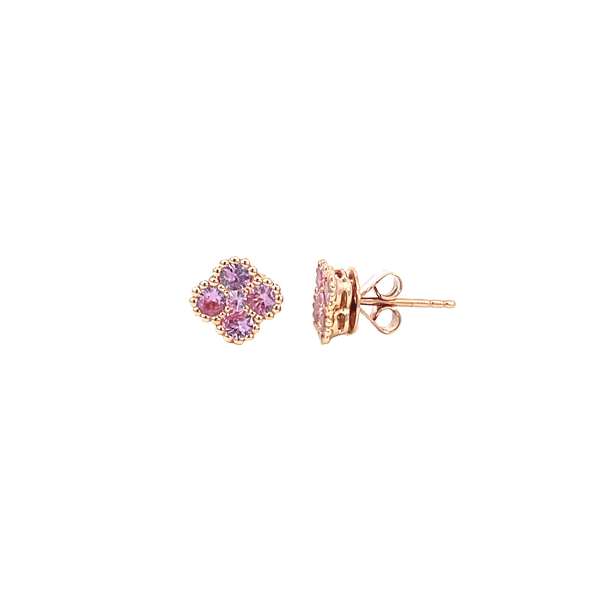 14K Rose Gold Pink Sapphire Clover Studs with Milgrain Detailing