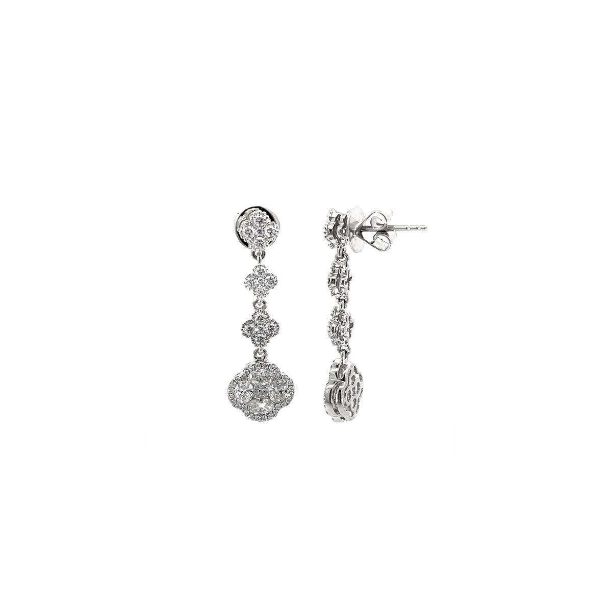 14K White Gold Tiered Diamond Clover Drop Earrings