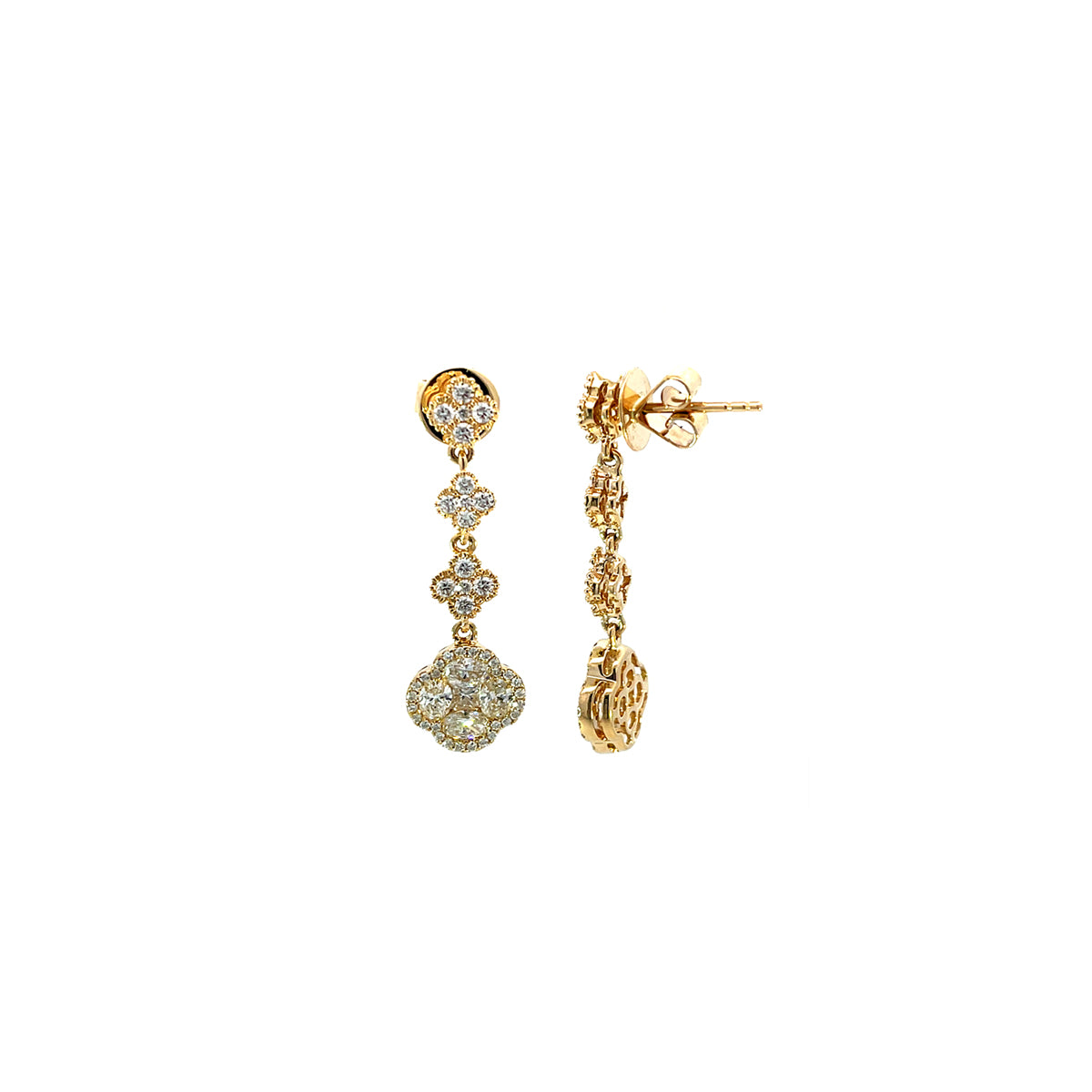 14K Yellow Gold Tiered Diamond Clover Drop Earrings