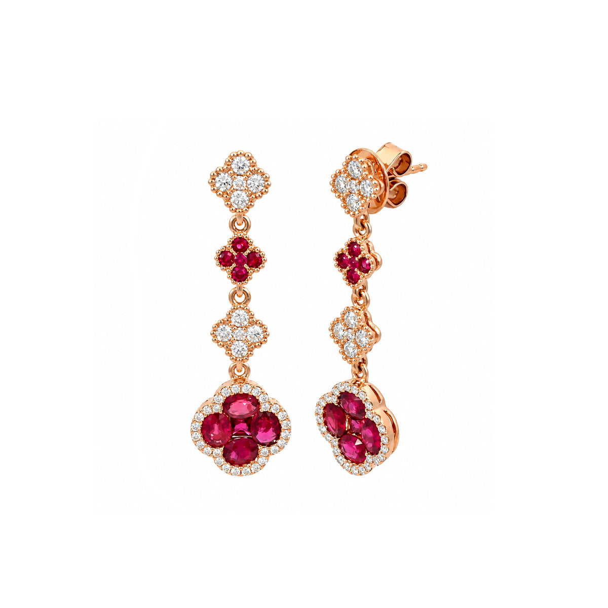 14K Rose Gold Tiered Diamond and Ruby Clover Drop Earrings