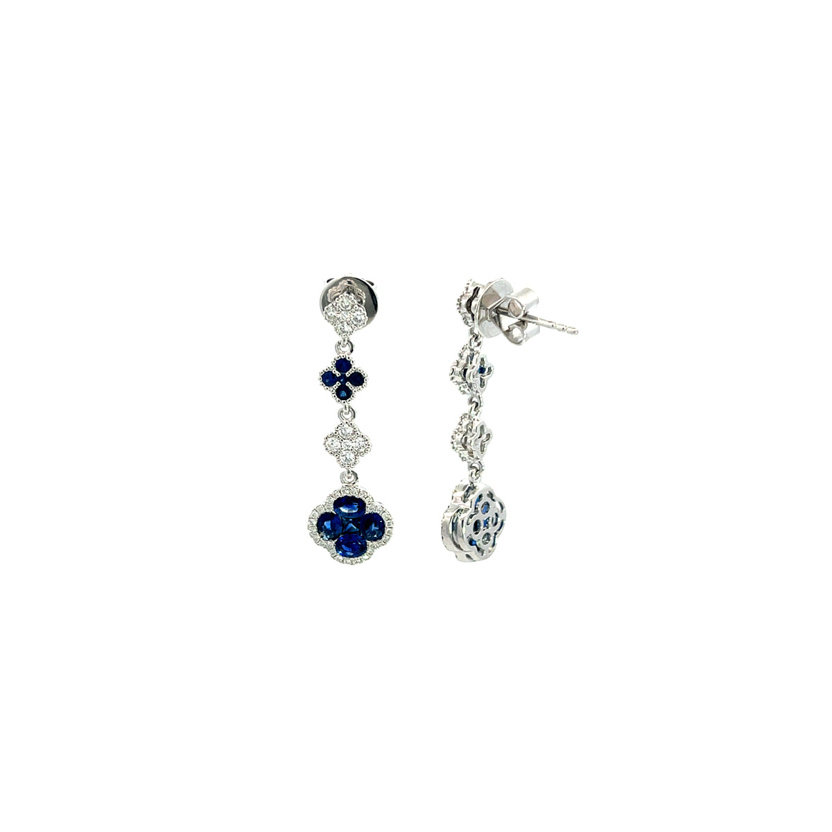 14K White Gold Tiered Diamond and Sapphire Clover Drop Earrings