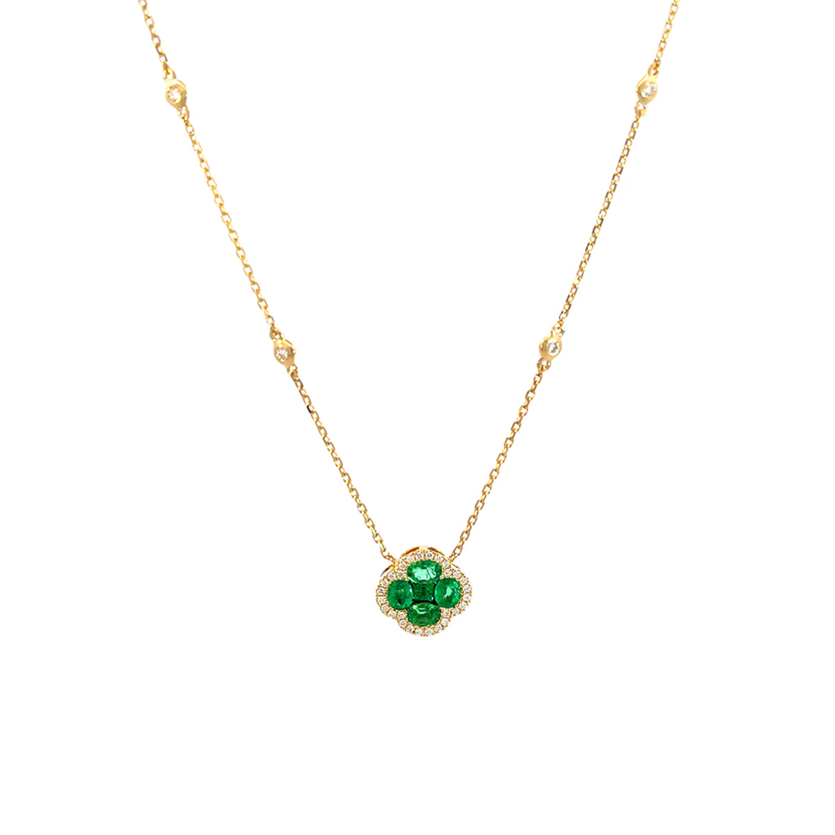 14K Yellow Gold Emerald Clover Pendant Necklace with Diamond Halo