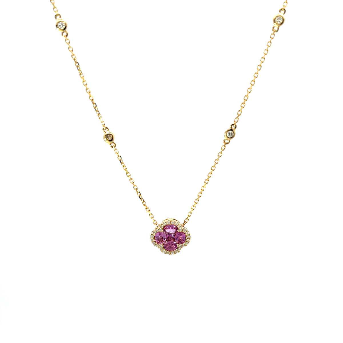 14K Yellow Gold Pink Sapphire Clover Pendant Necklace with Diamond Halo