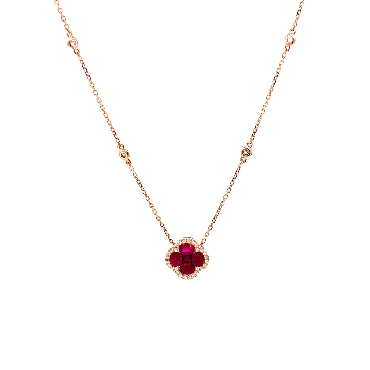 14K Rose Gold Ruby Clover Pendant Necklace with Diamond Halo