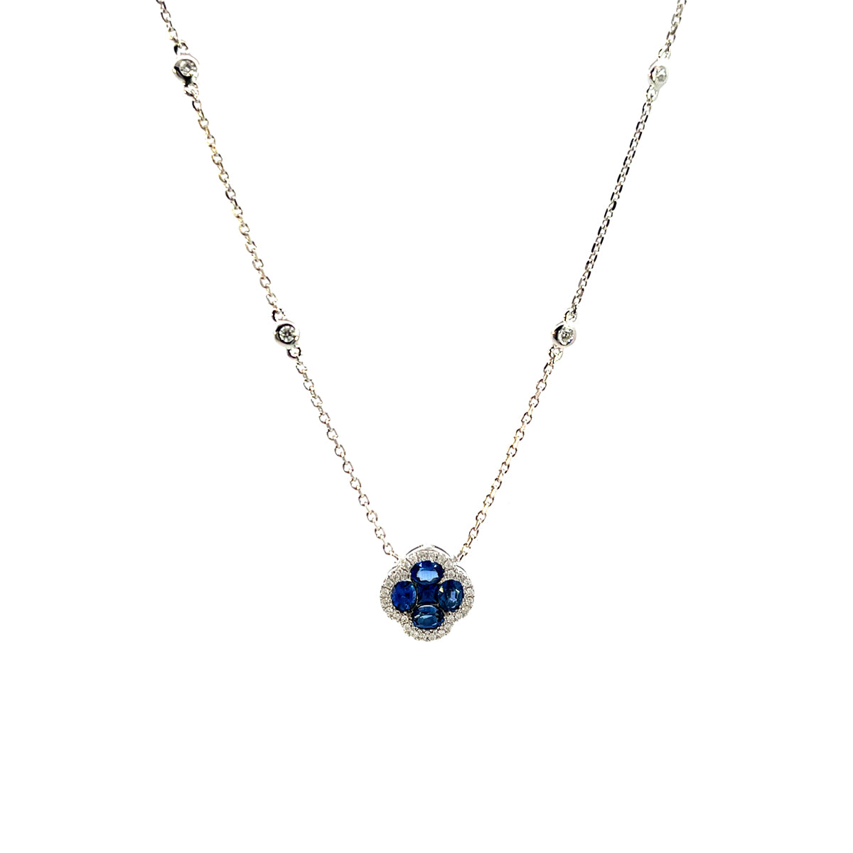 14K White Gold Sapphire Clover Pendant Necklace with Diamond Halo