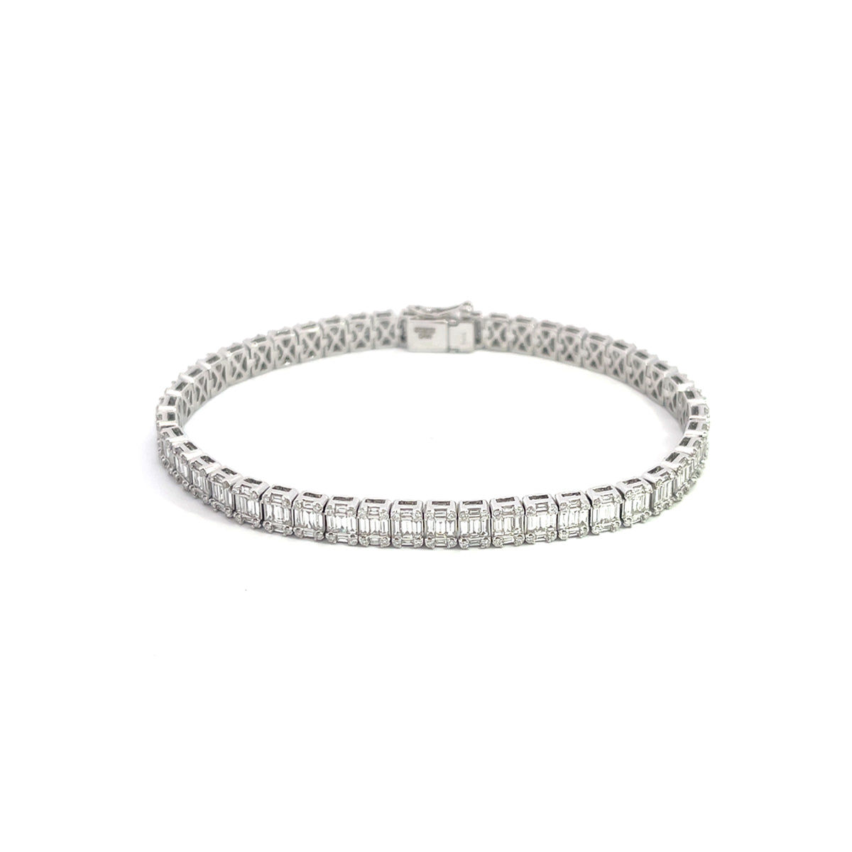 14K White Gold Baguette and Round Diamond Emerald Illusion Tennis Bracelet