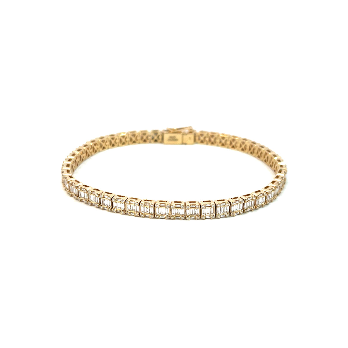 14K Yellow Gold Baguette and Round Diamond Emerald Illusion Tennis Bracelet