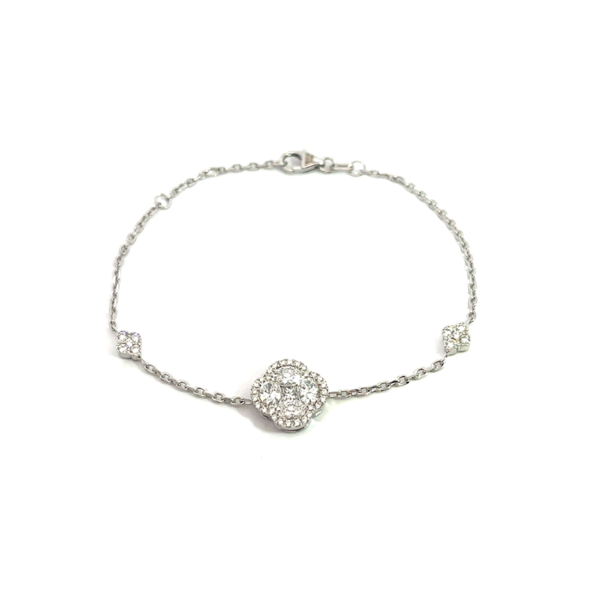 14K White Gold Chain Bracelet with Diamond Halo Clover Clusters