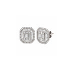 14K White Gold Cushion Shaped Diamond Emerald Illusion Stud Earrings