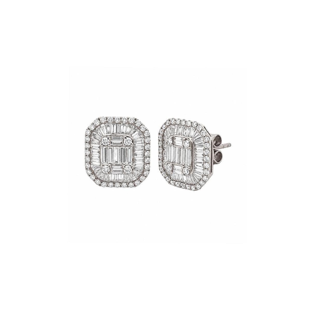 14K White Gold Cushion Shaped Diamond Emerald Illusion Stud Earrings