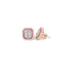 14K Rose Gold Cushion Shaped Pink Sapphire and Diamond Emerald Illusion Stud Earrings