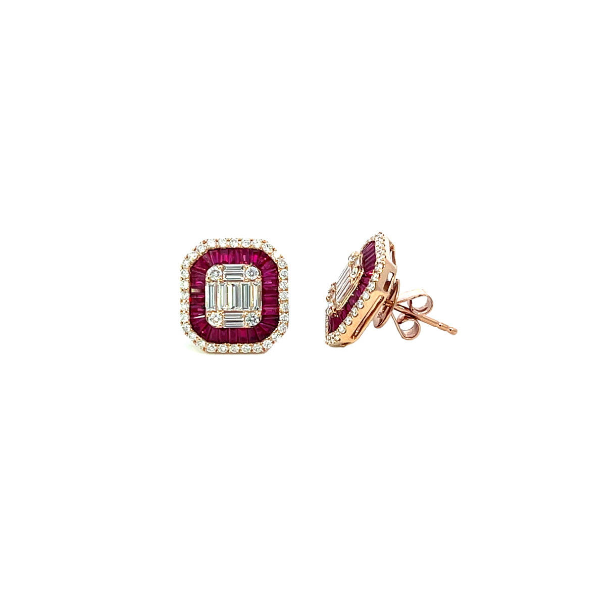 14K Rose Gold Cushion Shaped Ruby and Diamond Emerald Illusion Stud Earrings
