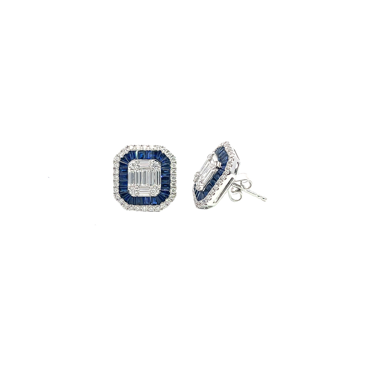14K White Gold Cushion Shaped Sapphire and Diamond Emerald Illusion Stud Earrings