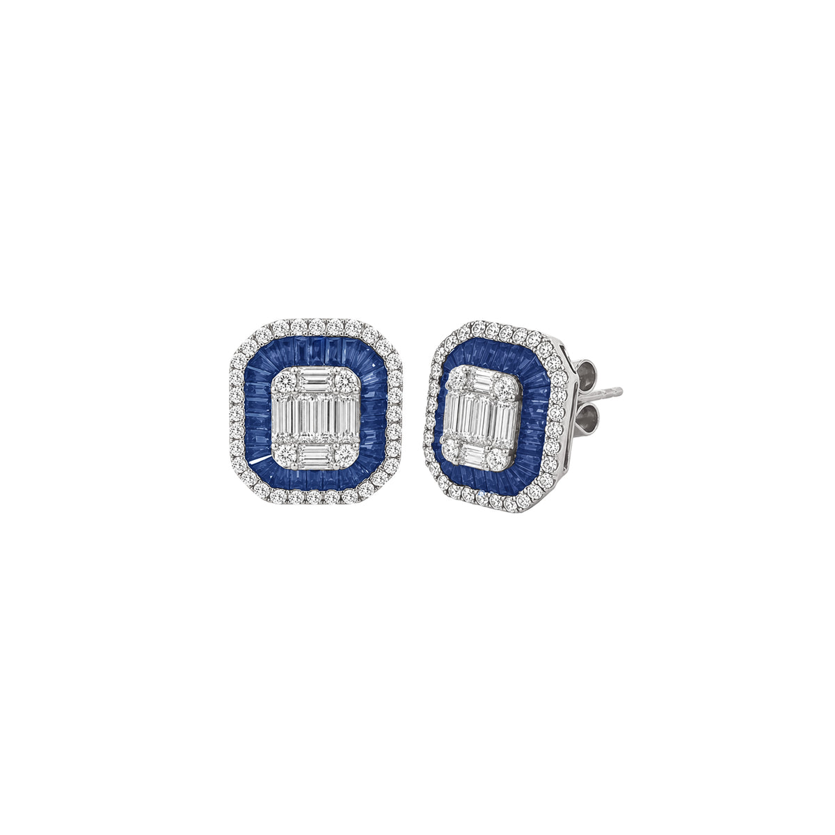 14K White Gold Cushion Shaped Sapphire and Diamond Emerald Illusion Stud Earrings