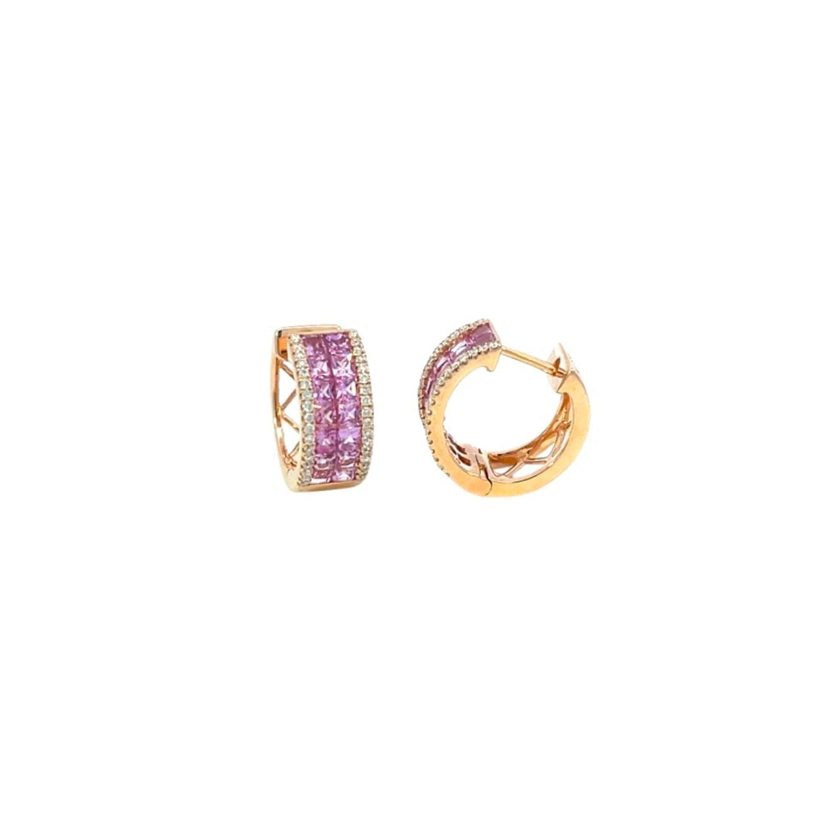 14K Rose Gold Wide-Set Pink Sapphire and Diamond Hinged Hoop Earrings