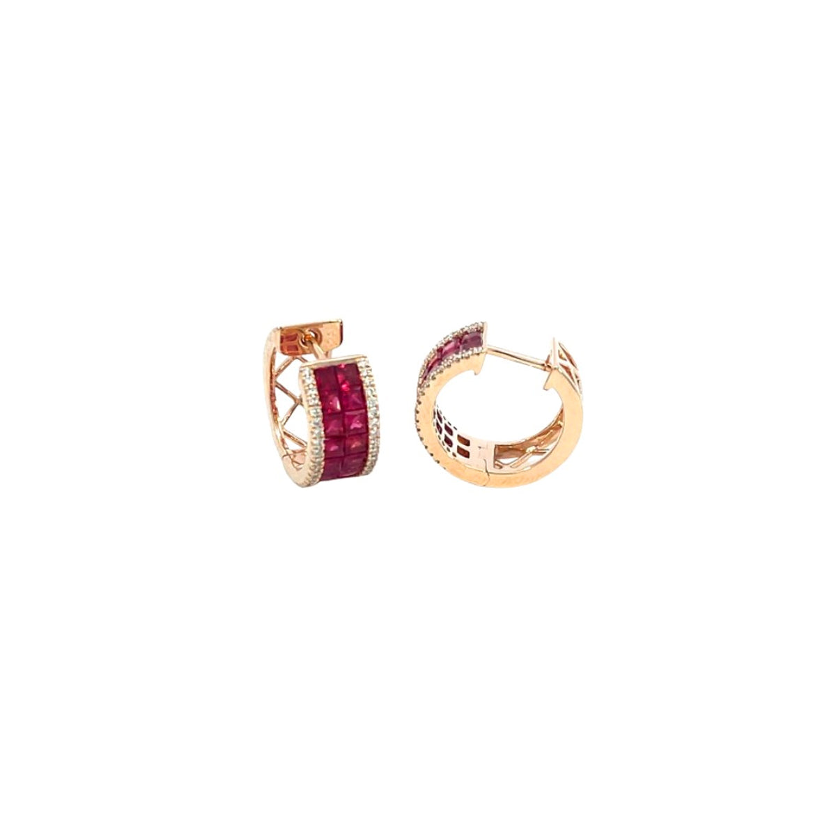 14K Rose Gold Wide-Set Ruby and Diamond Hinged Hoop Earrings