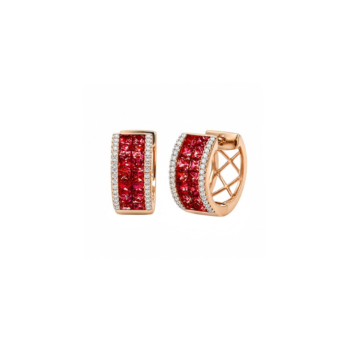 14K Rose Gold Wide-Set Ruby and Diamond Hinged Hoop Earrings