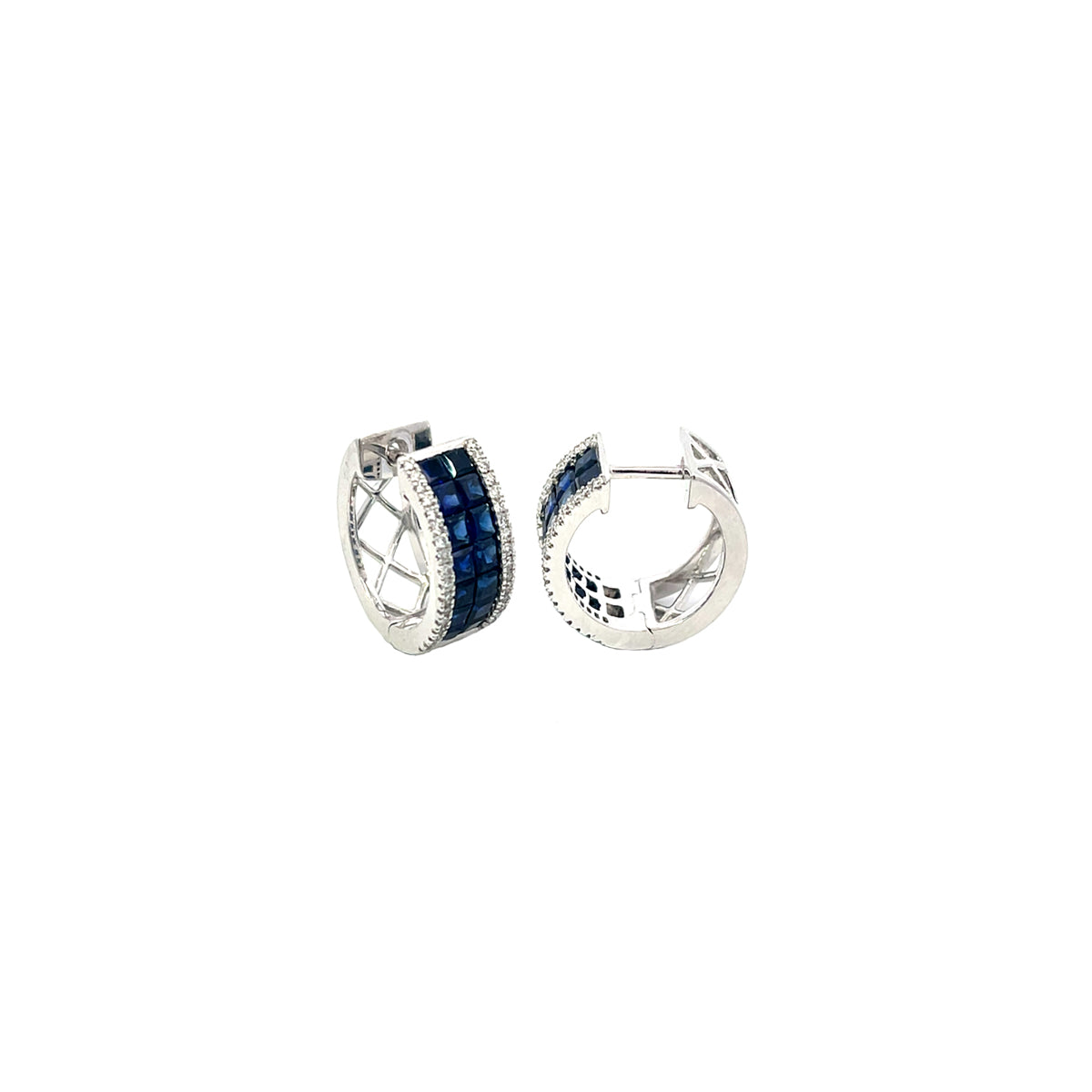 14K White Gold Sapphire and Diamond Hinged Hoop Earrings