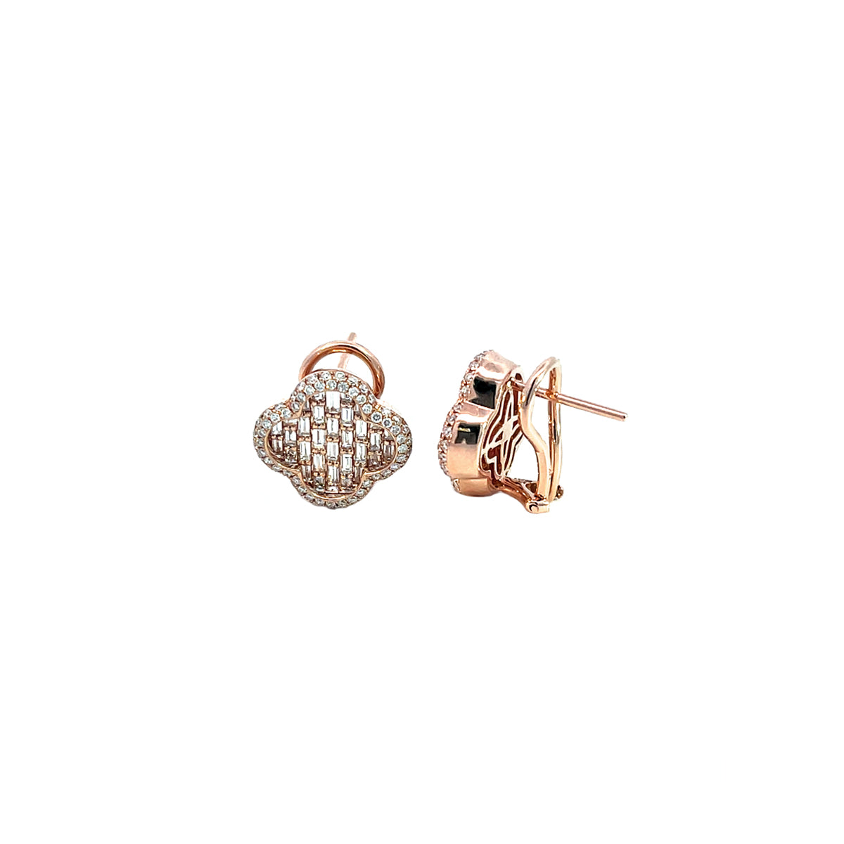 14K Rose gold Clover shaped Omega back diamond earrings with intricate baguette lattice design