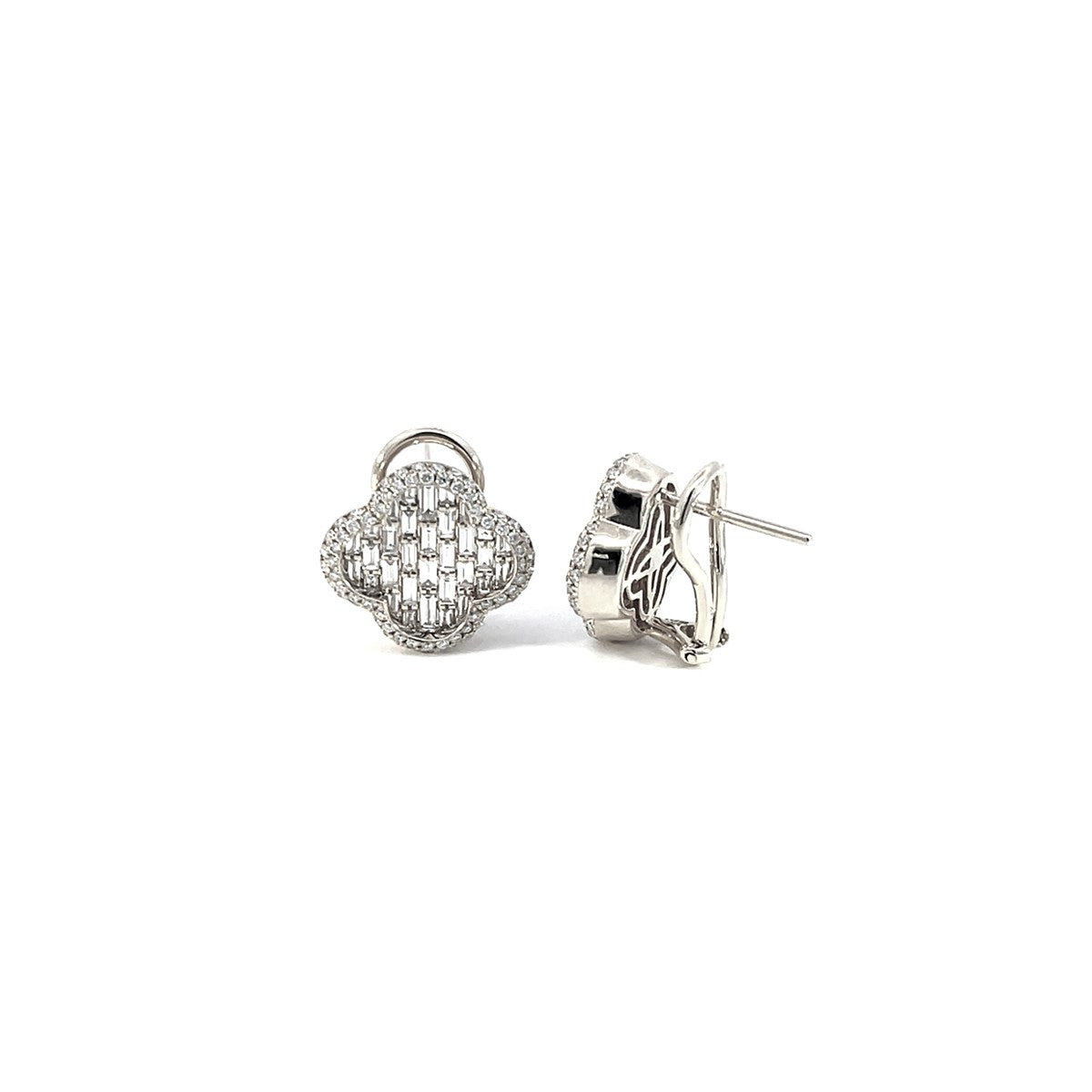 14K White gold Clover shaped Omega back diamond earrings with intricate baguette lattice design