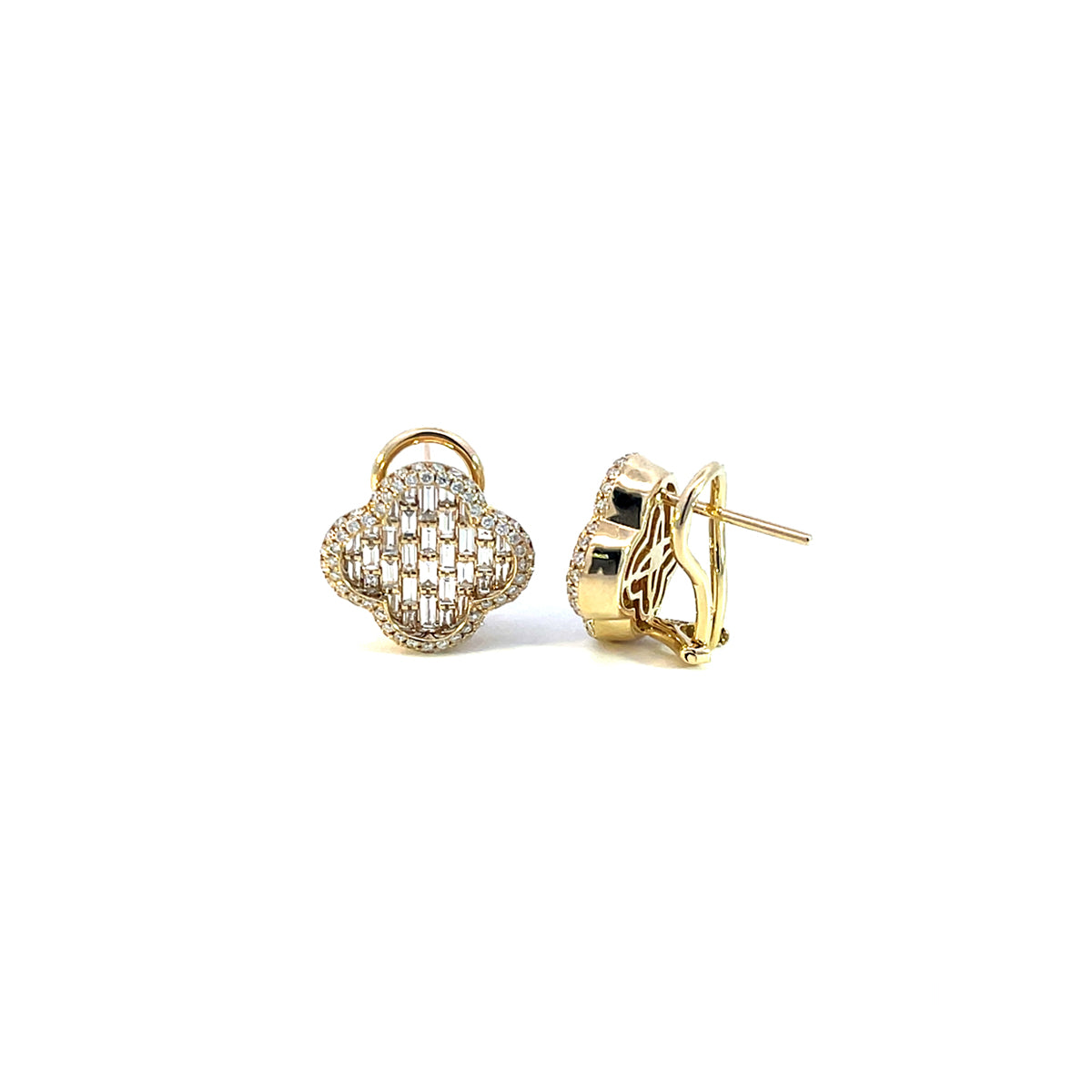 14K Yellow gold Clover shaped Omega back diamond earrings with intricate baguette lattice design
