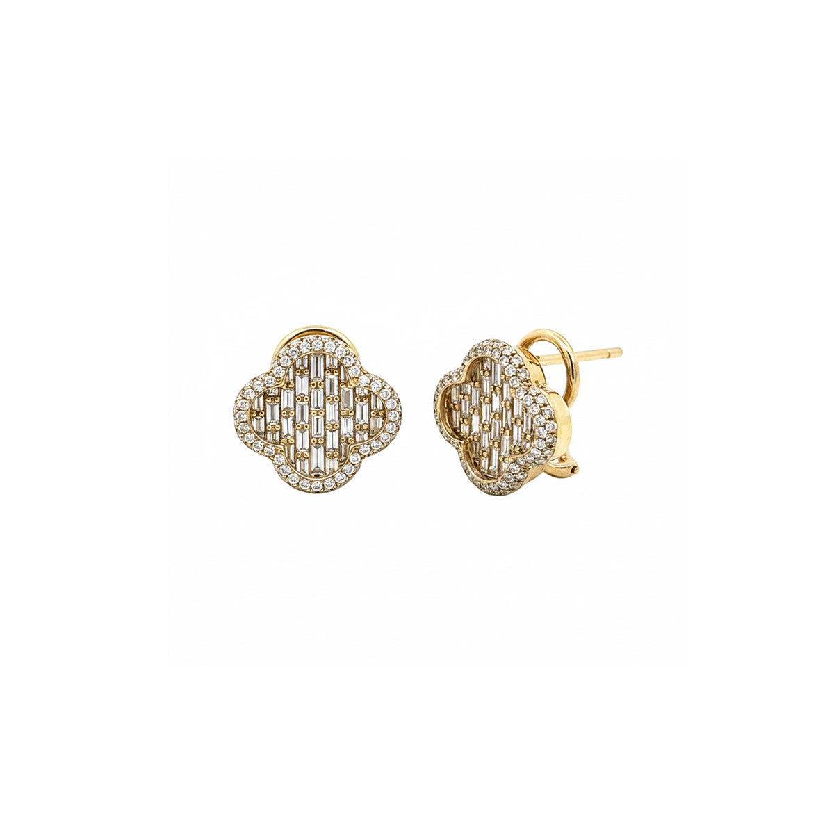 14K Yellow gold Clover shaped Omega back diamond earrings with intricate baguette lattice design