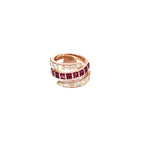14K Rose Gold Spiral Ring with Baguette Cut Diamonds and Rubies