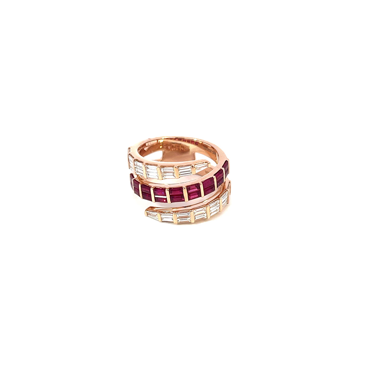 14K Rose Gold Spiral Ring with Baguette Cut Diamonds and Rubies