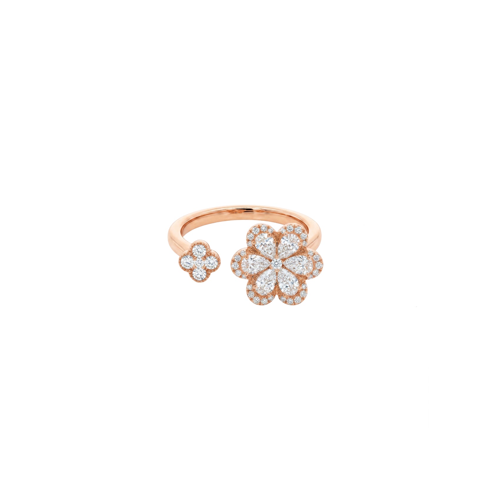 14K Rose Gold Open Ring with Floral Diamond Clusters