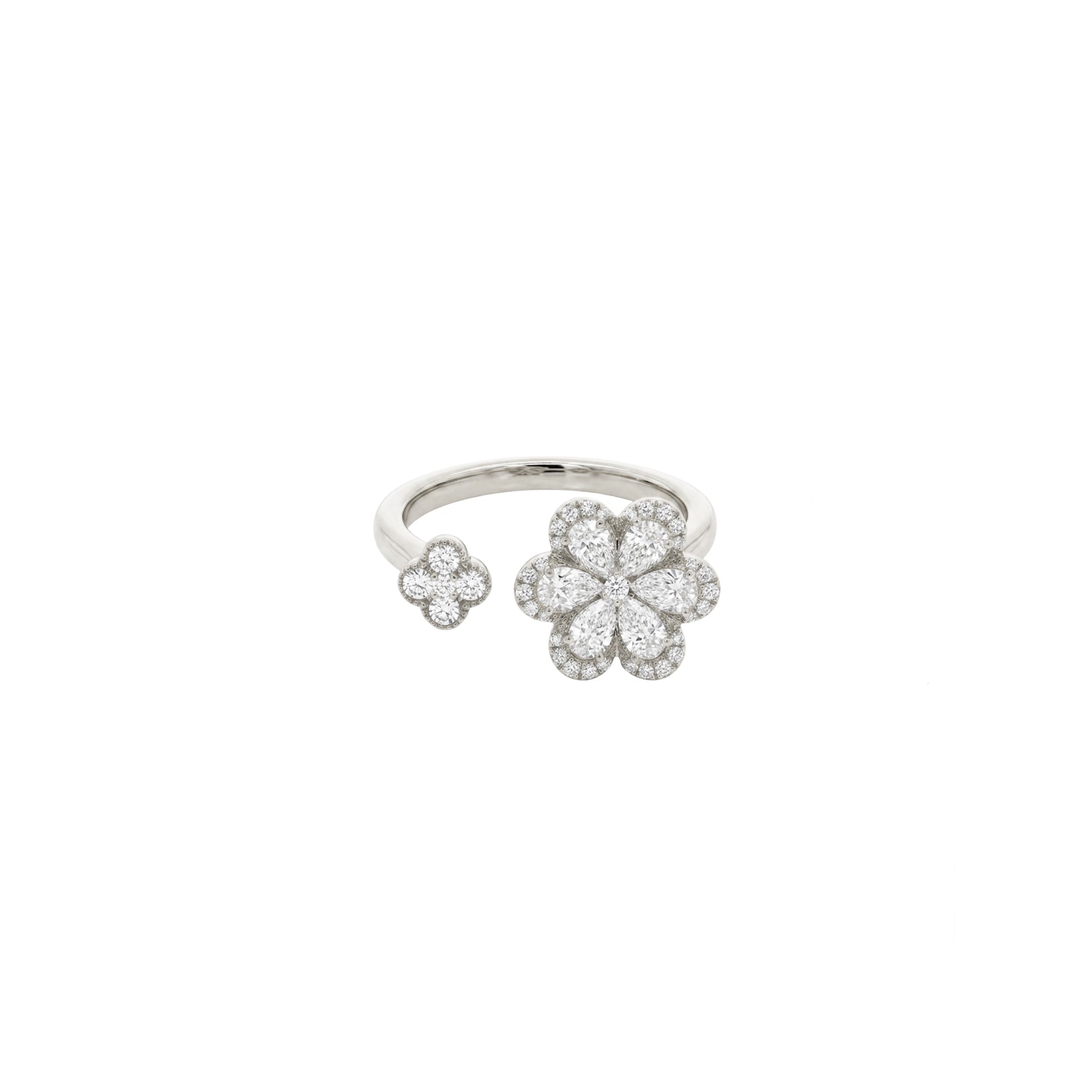 14K White Gold Open Ring with Floral Diamond Clusters