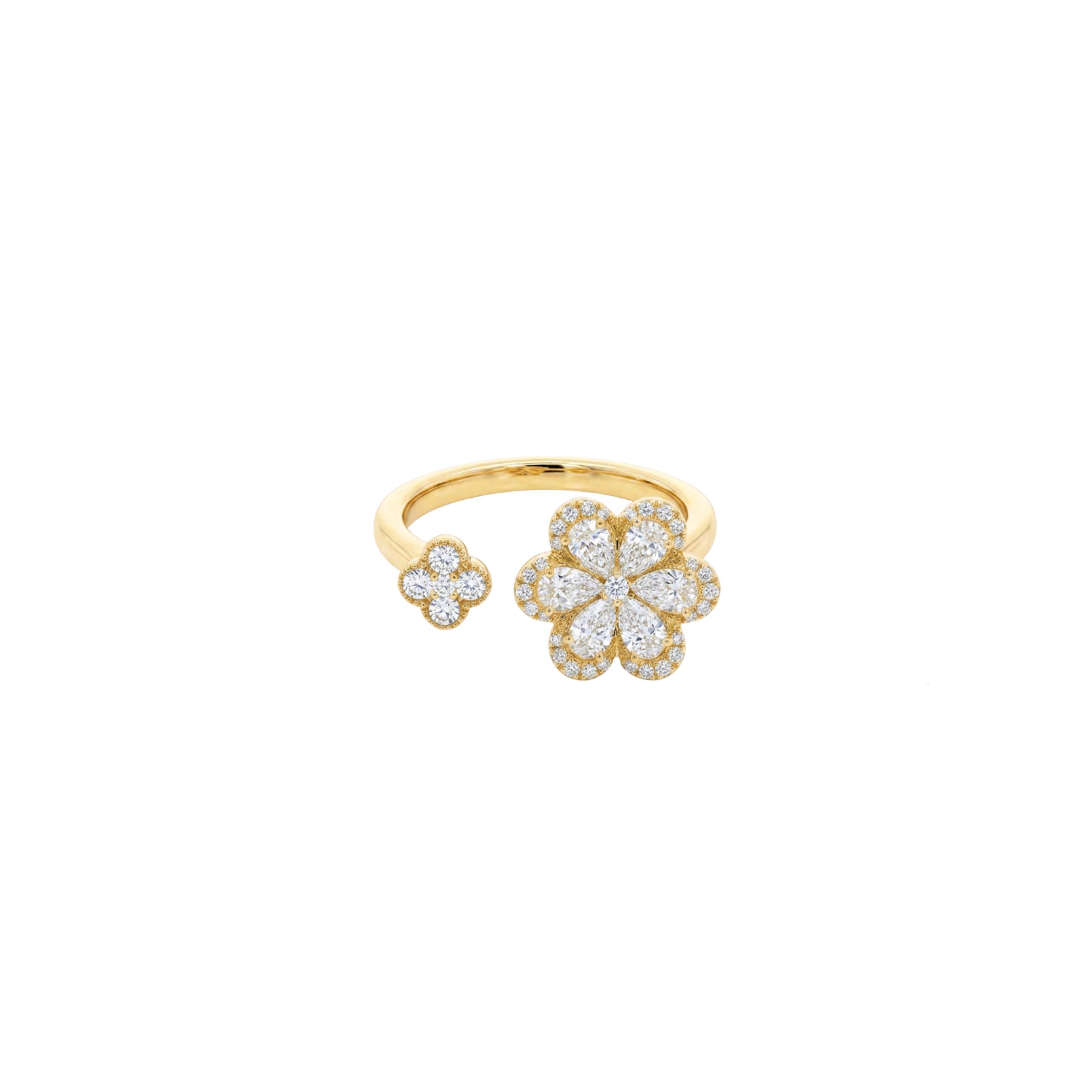 14K Yellow Gold Open Ring with Floral Diamond Clusters