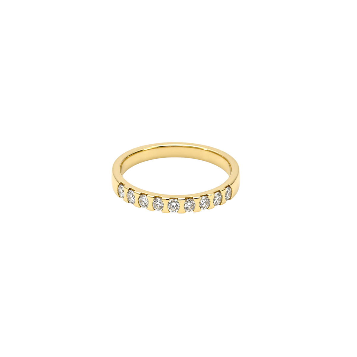 14K Yellow Gold Wedding Band with 9 Diamonds in Shared Bar Setting