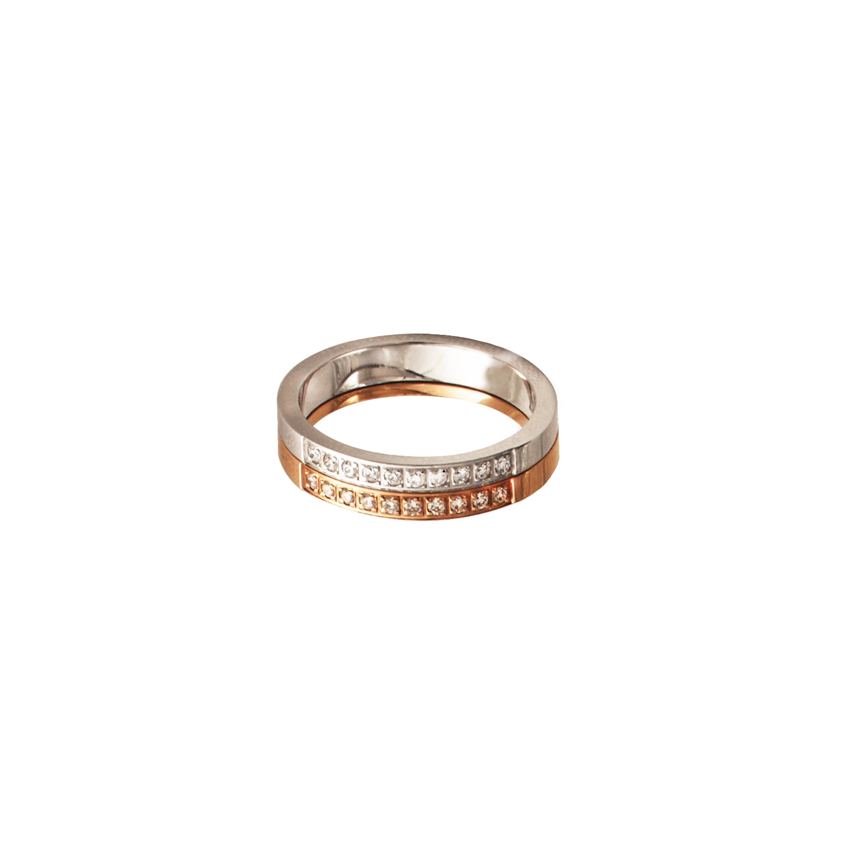 14K White Rose Gold Double Band Wedding Ring with 20 Diamonds