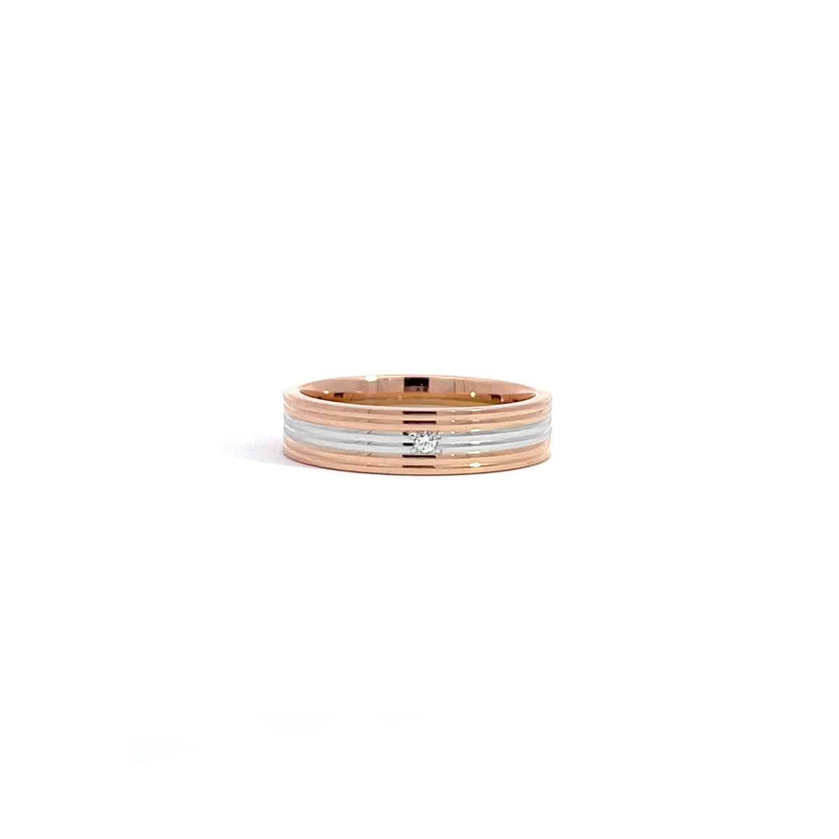 14K White Rose Gold Ribbed Wedding Band with 1 Diamond