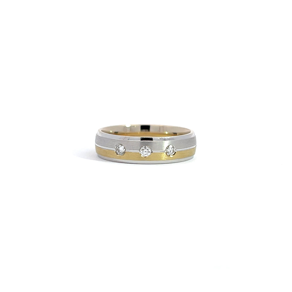 14K Yellow White Gold Wedding Band with 3 Flush-Set Diamonds