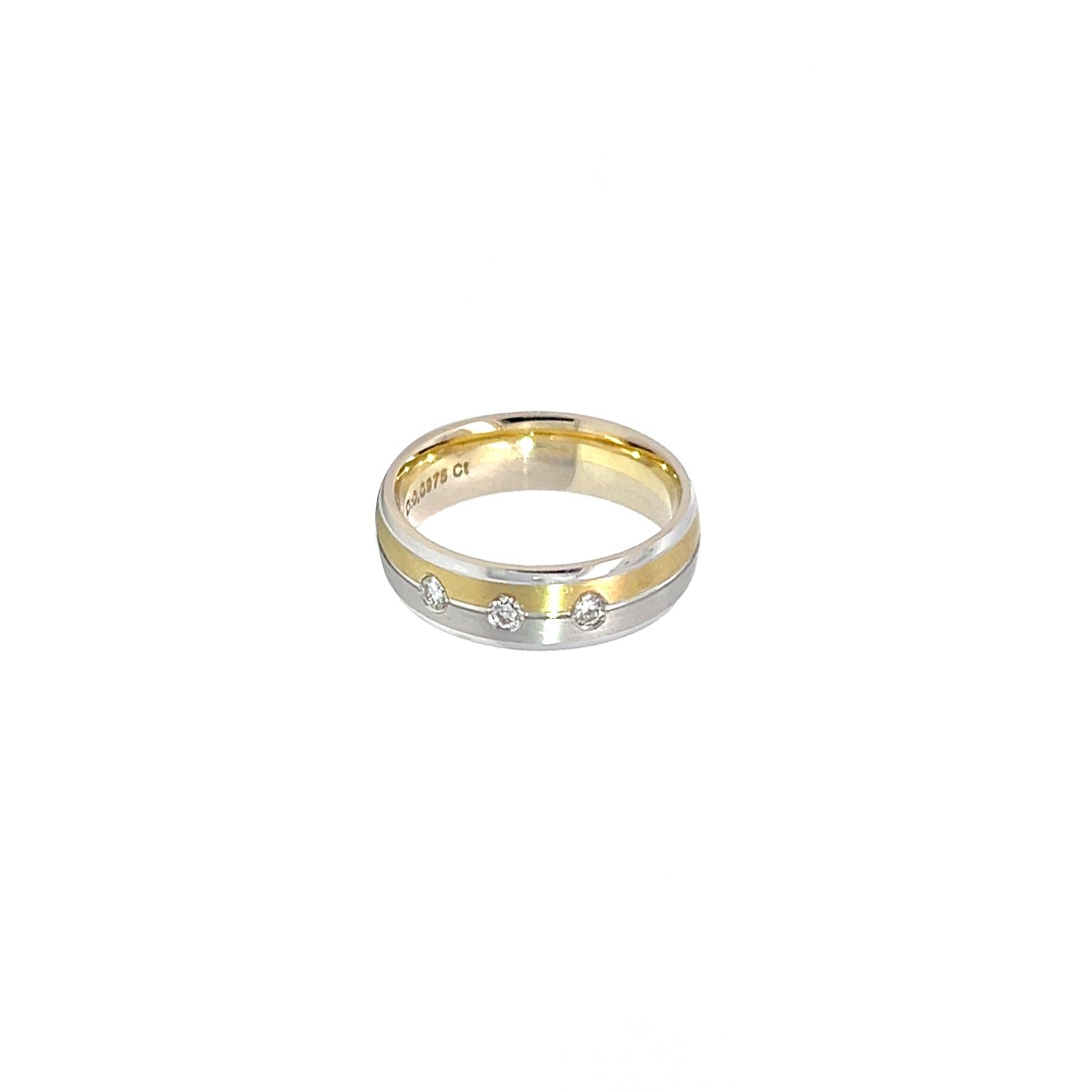 14K Yellow White Gold Wedding Band with 3 Flush-Set Diamonds