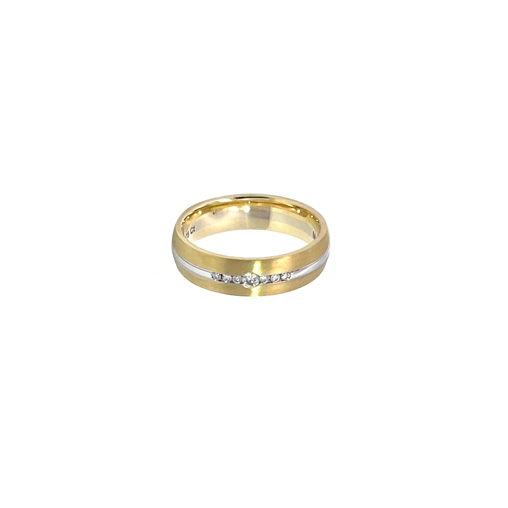 14K Yellow Gold Wedding Band with White Gold Central Band and 7 Diamonds