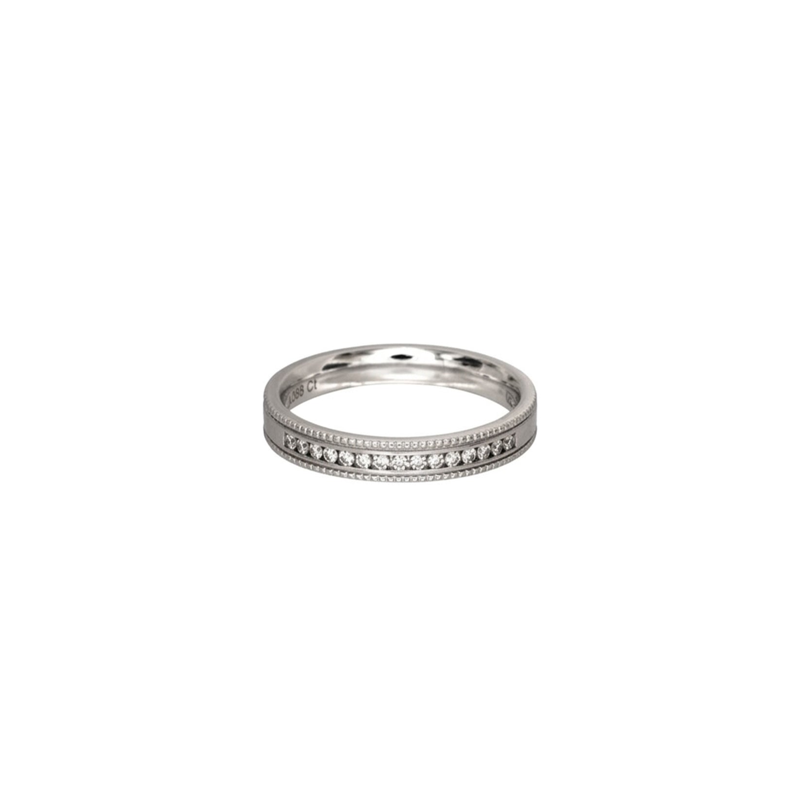 14K White Gold Wedding Band with 15 Channel Set Diamonds and Milgrain Edging