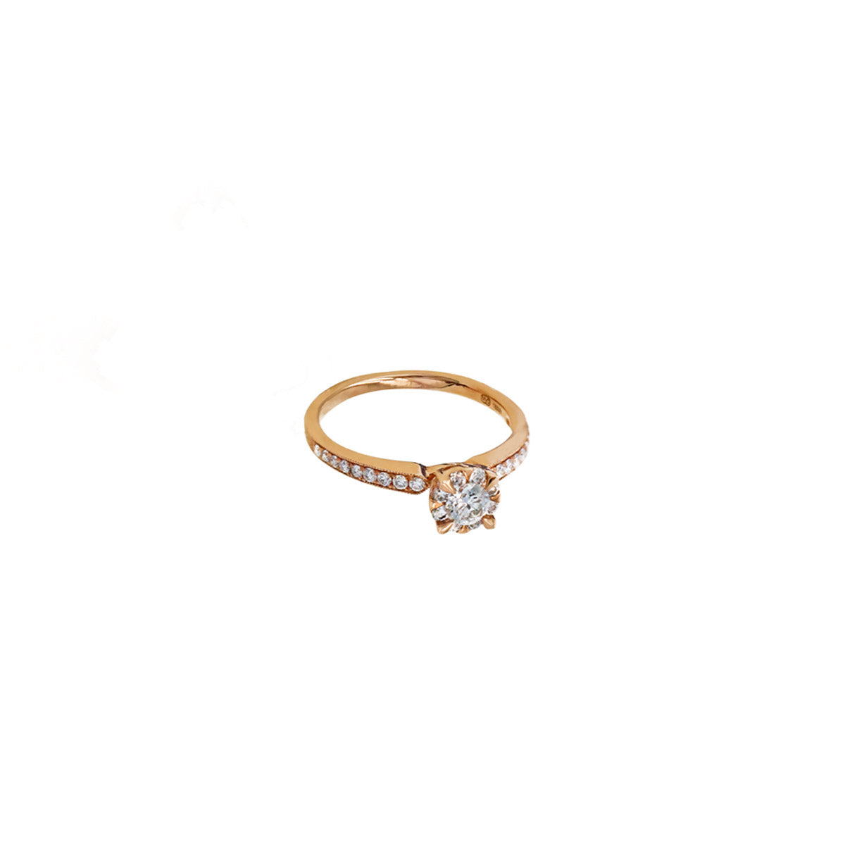 14K Rose Gold Claw Prong Milgrain Engagement Ring with Pave-Set Side Stones