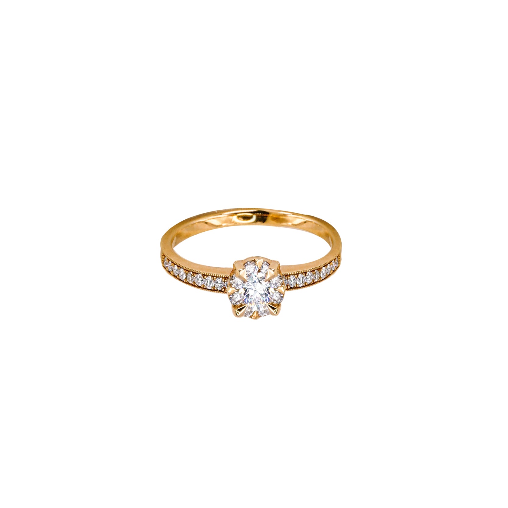 14K Rose Gold Claw Prong Milgrain Engagement Ring with Pave-Set Side Stones