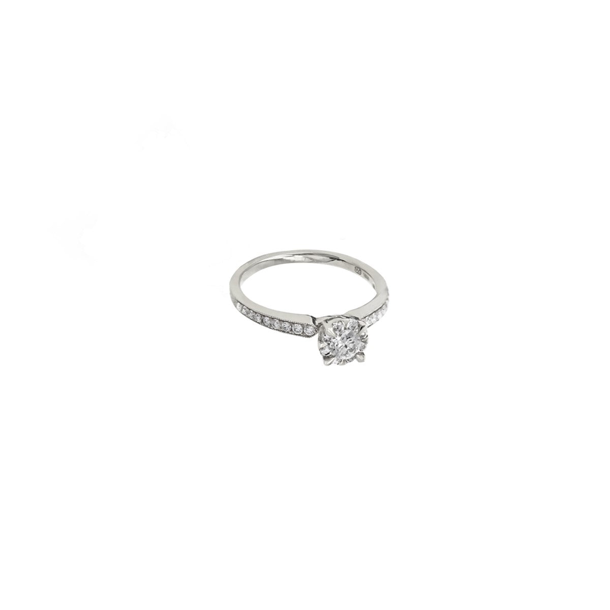 14K White Gold Claw Prong Milgrain Engagement Ring with Pave-Set Side Stones