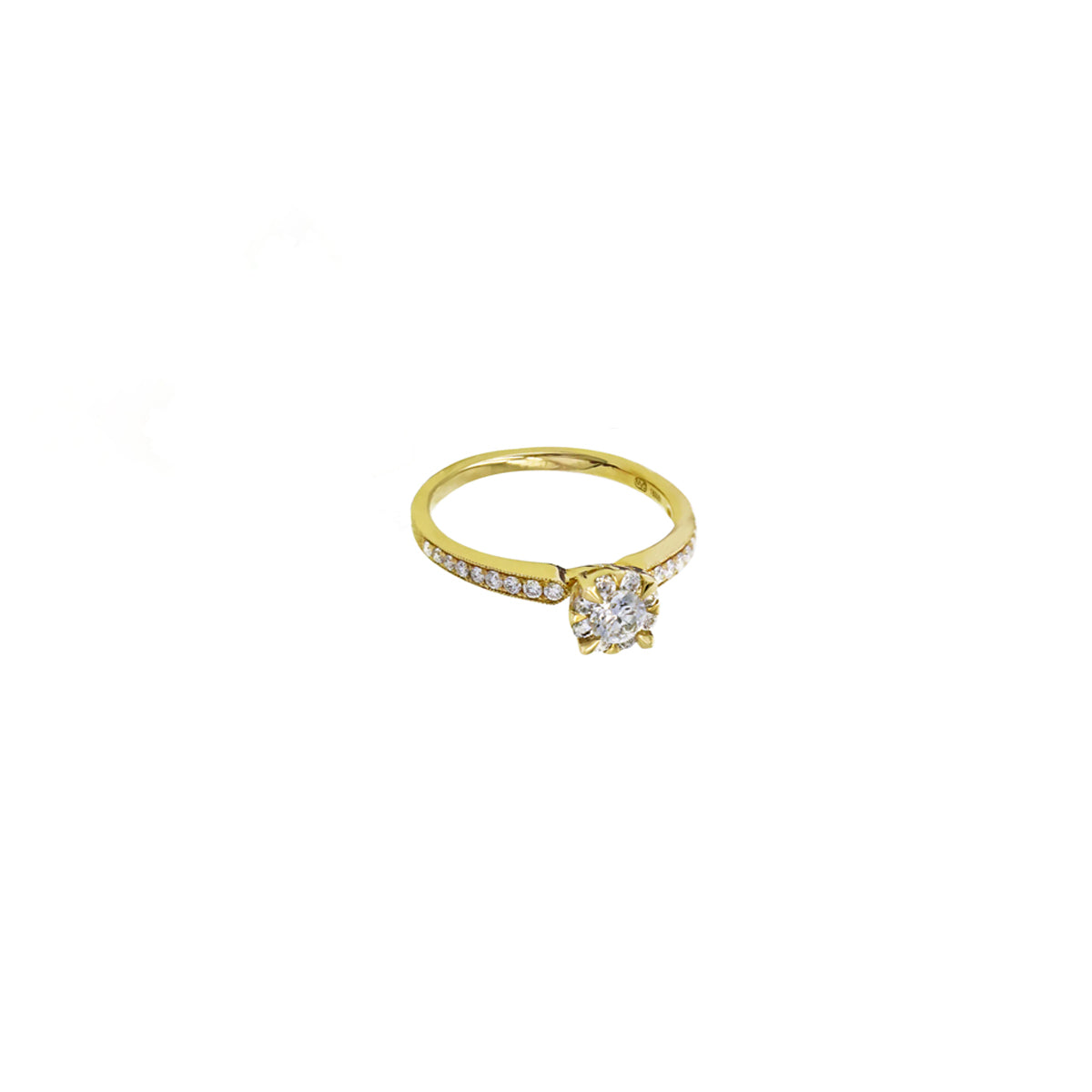 14K Yellow Gold Claw Prong Milgrain Engagement Ring with Pave-Set Side Stones
