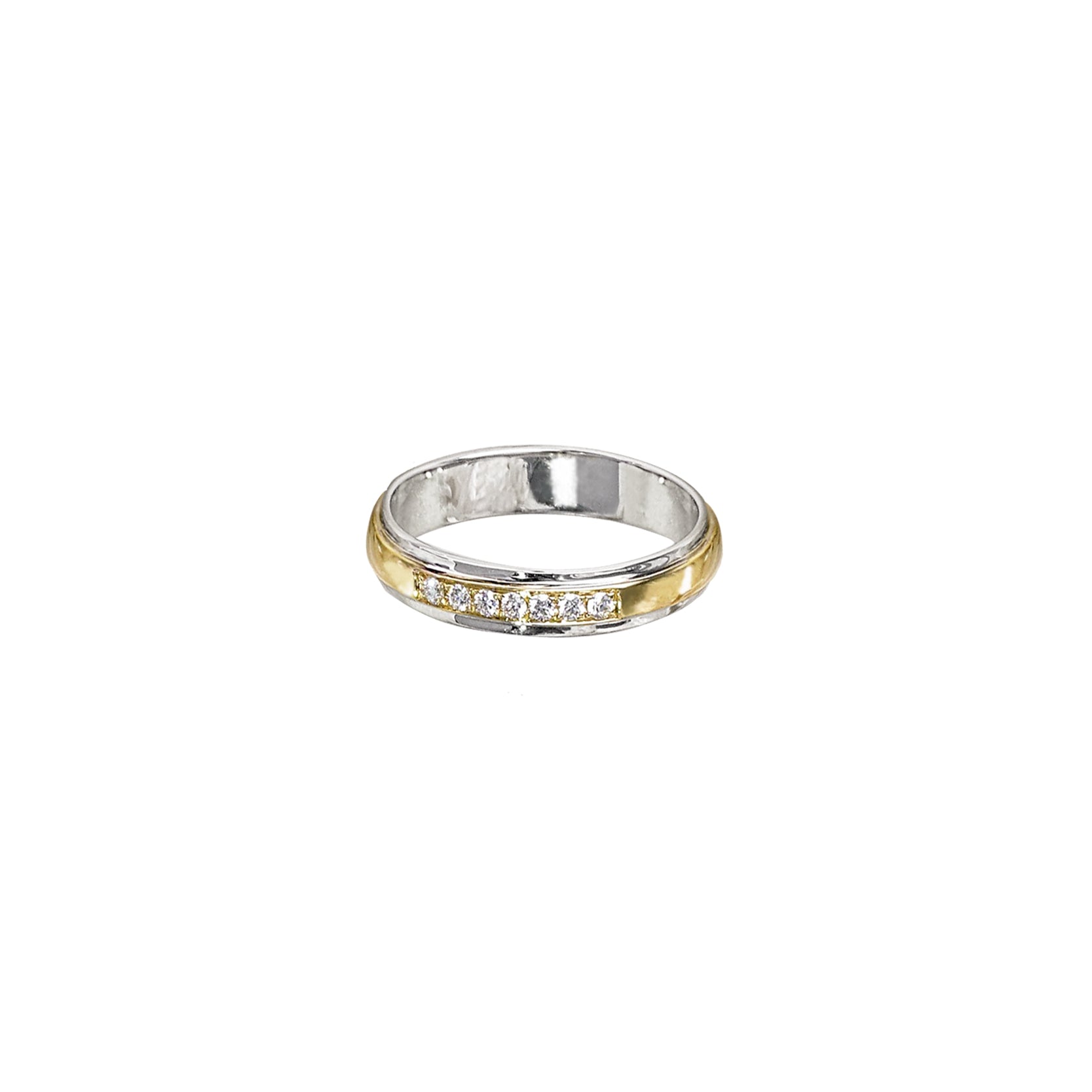 14K Yellow Gold Wedding Band with White Gold Edges and 7 Diamonds