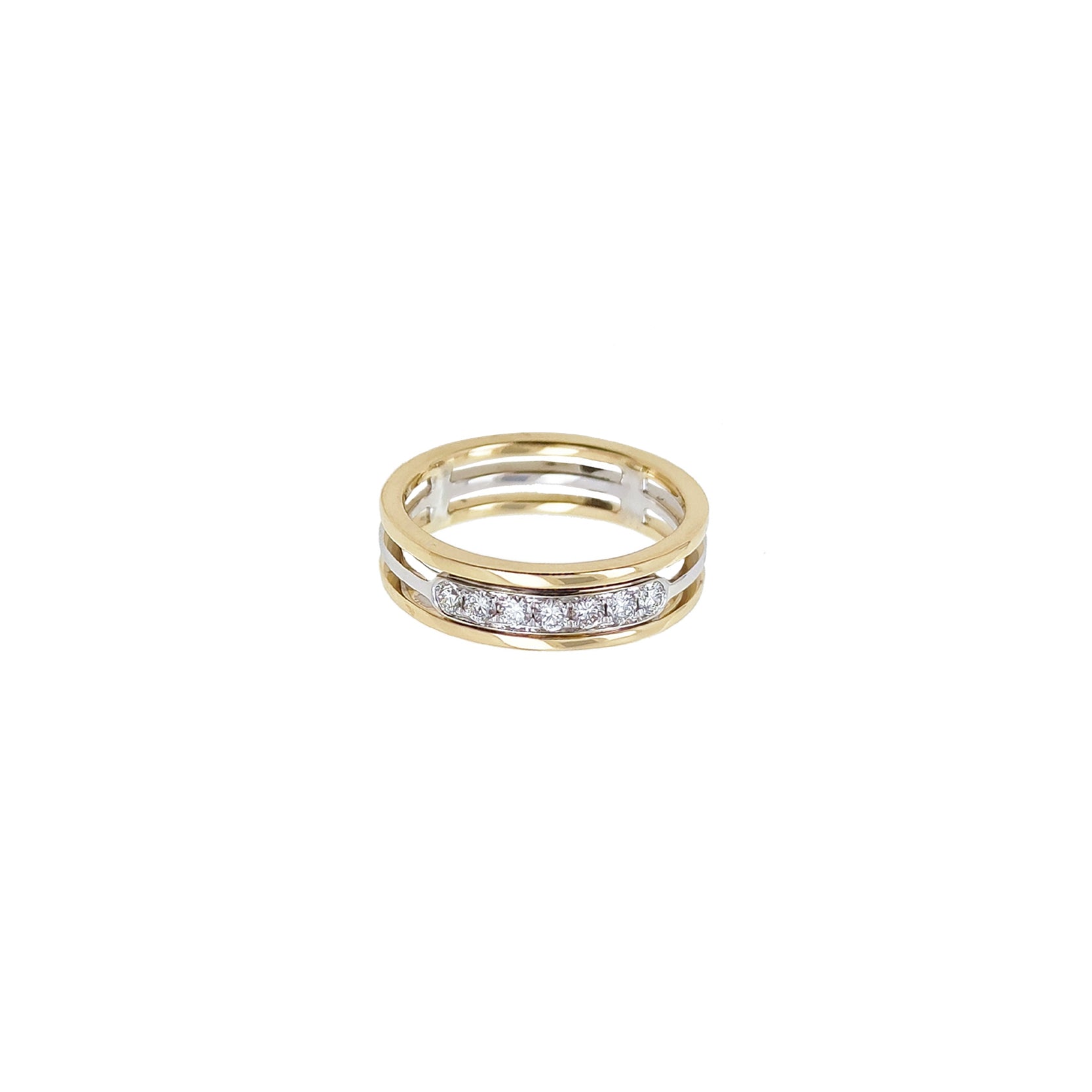 14K Yellow White Gold Triple Band Ring with 7 Diamonds