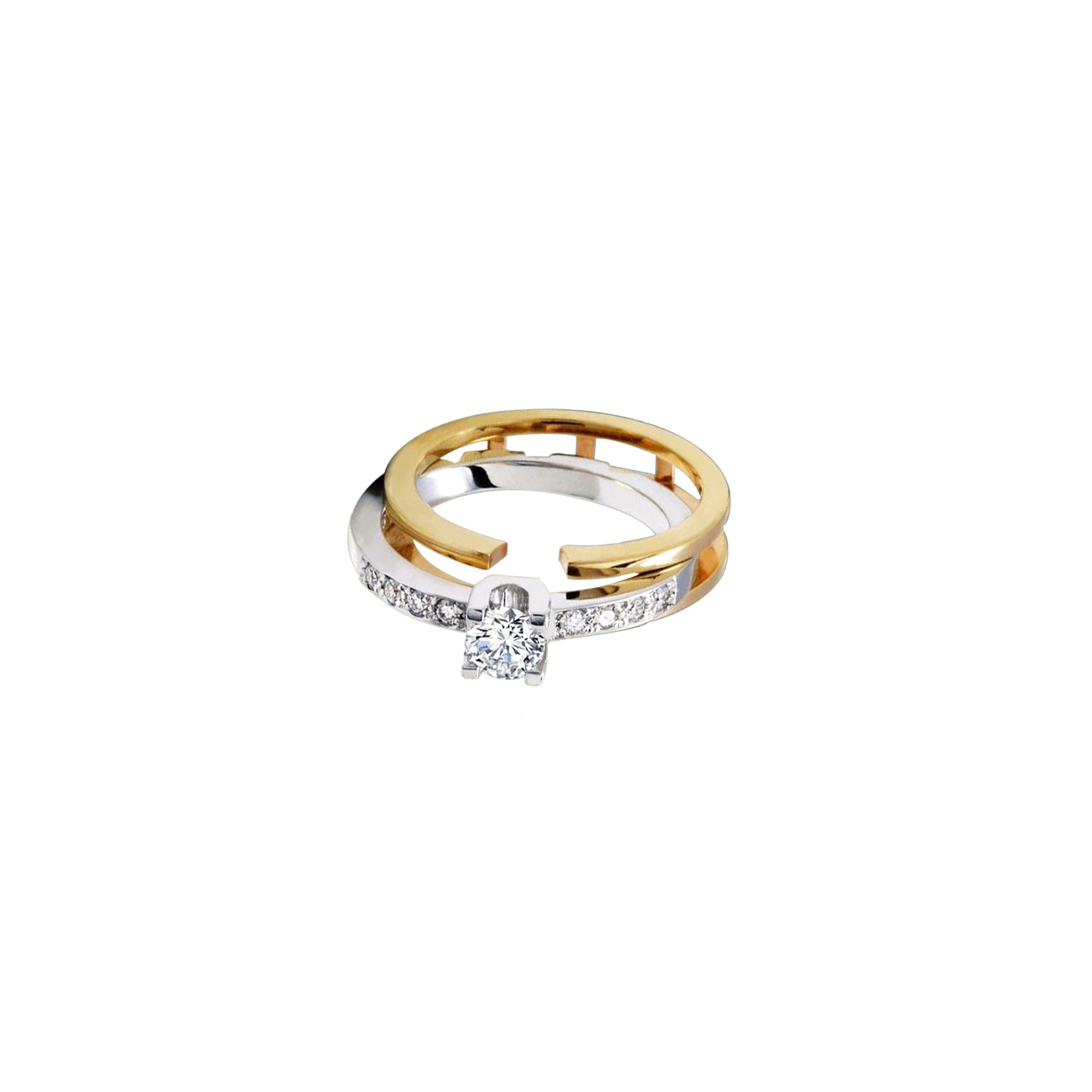 14K Yellow White Gold Interlocking Engagement Ring and Wedding Band Bridal Set with 9 Diamonds