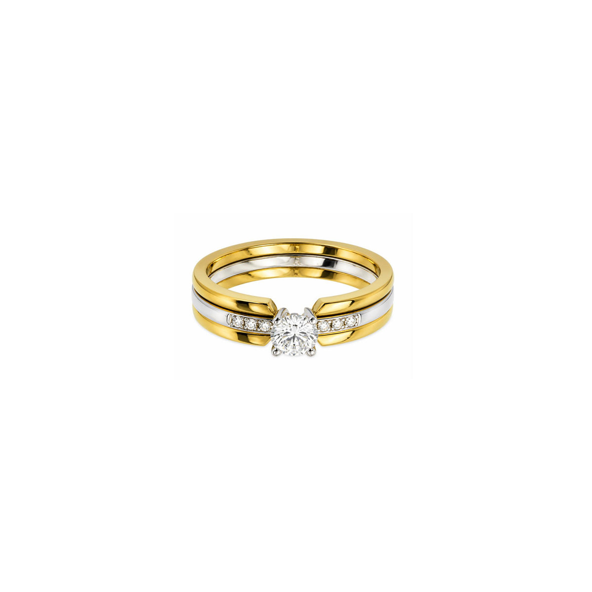 14K Yellow White Gold Interlocking Engagement Ring and Wedding Band Bridal Set with 7 Diamonds