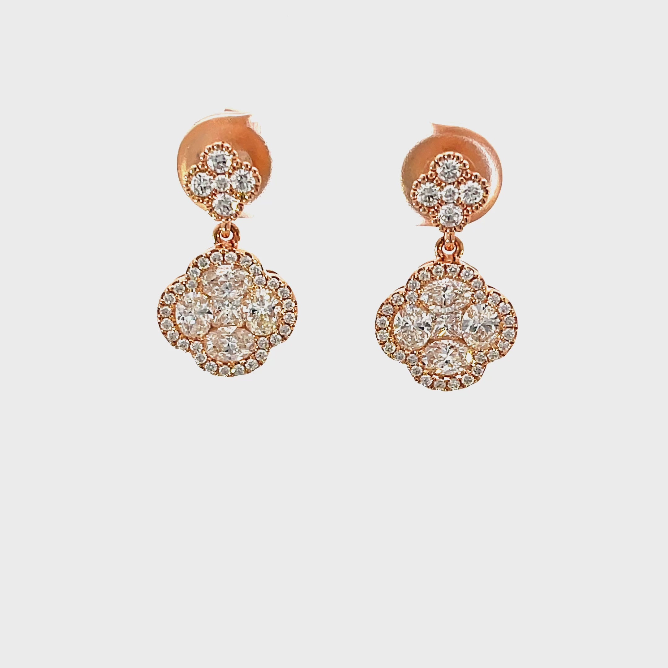 14K Rose Gold Diamond Clover Drop Earrings