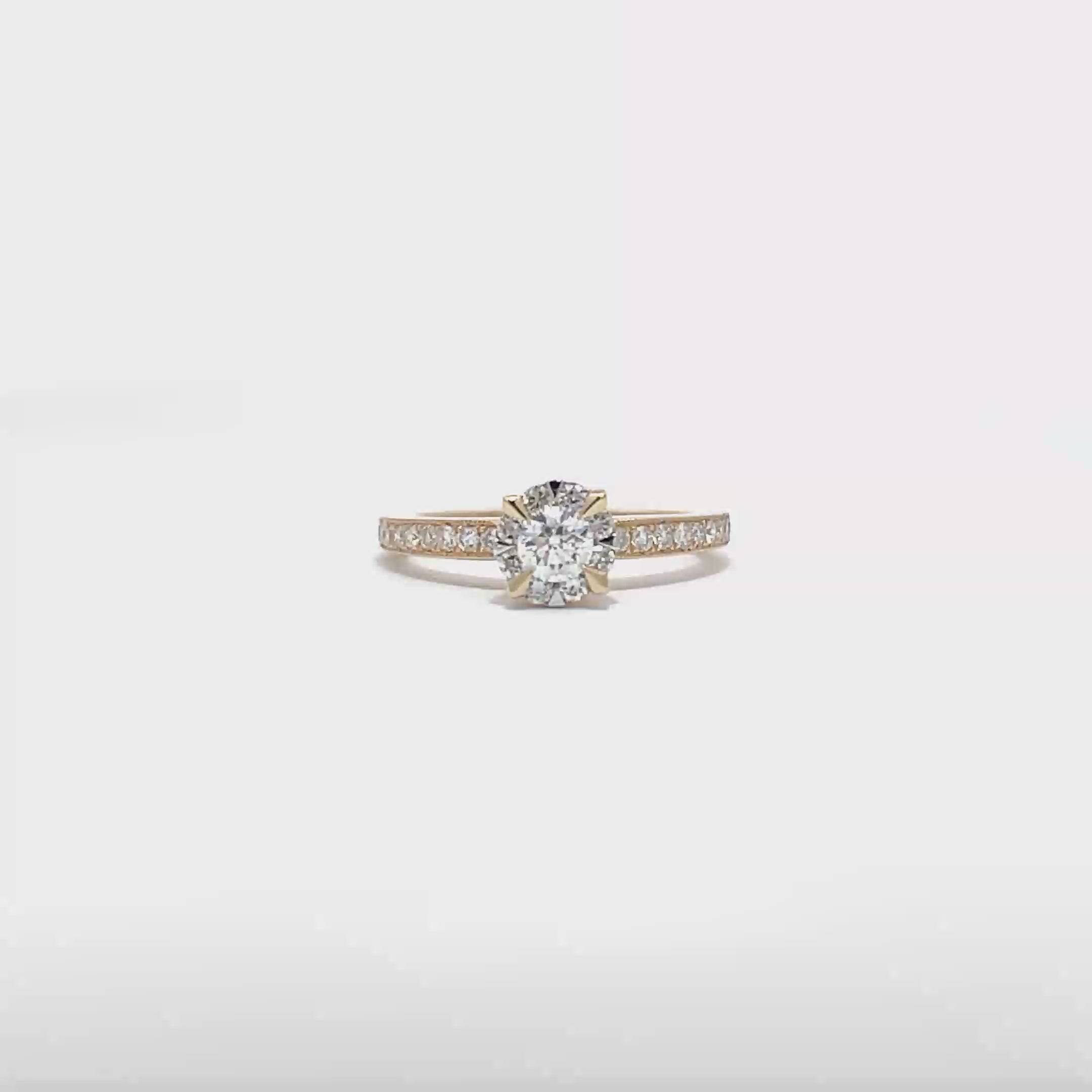 14K Yellow Gold Claw Prong Milgrain Engagement Ring with Pave-Set Side Stones